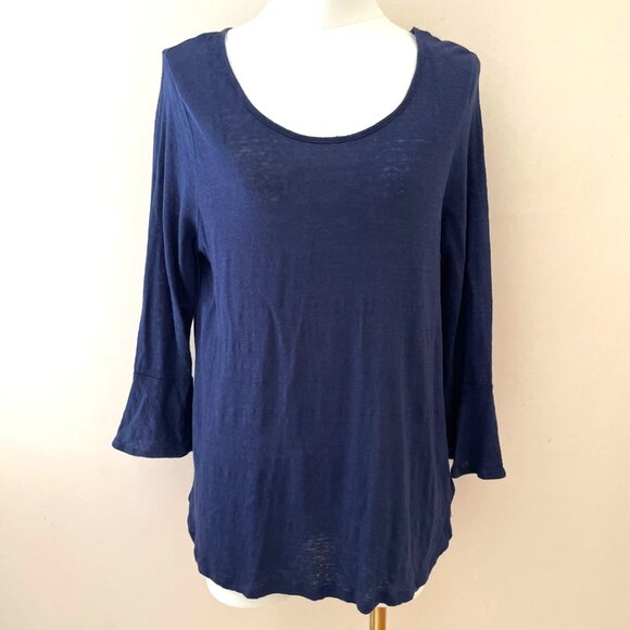 Cynthia Rowley 100% Linen Top Blouse Size L Blue Bell Sleeve Boho Lagenlook - Picture 1 of 8